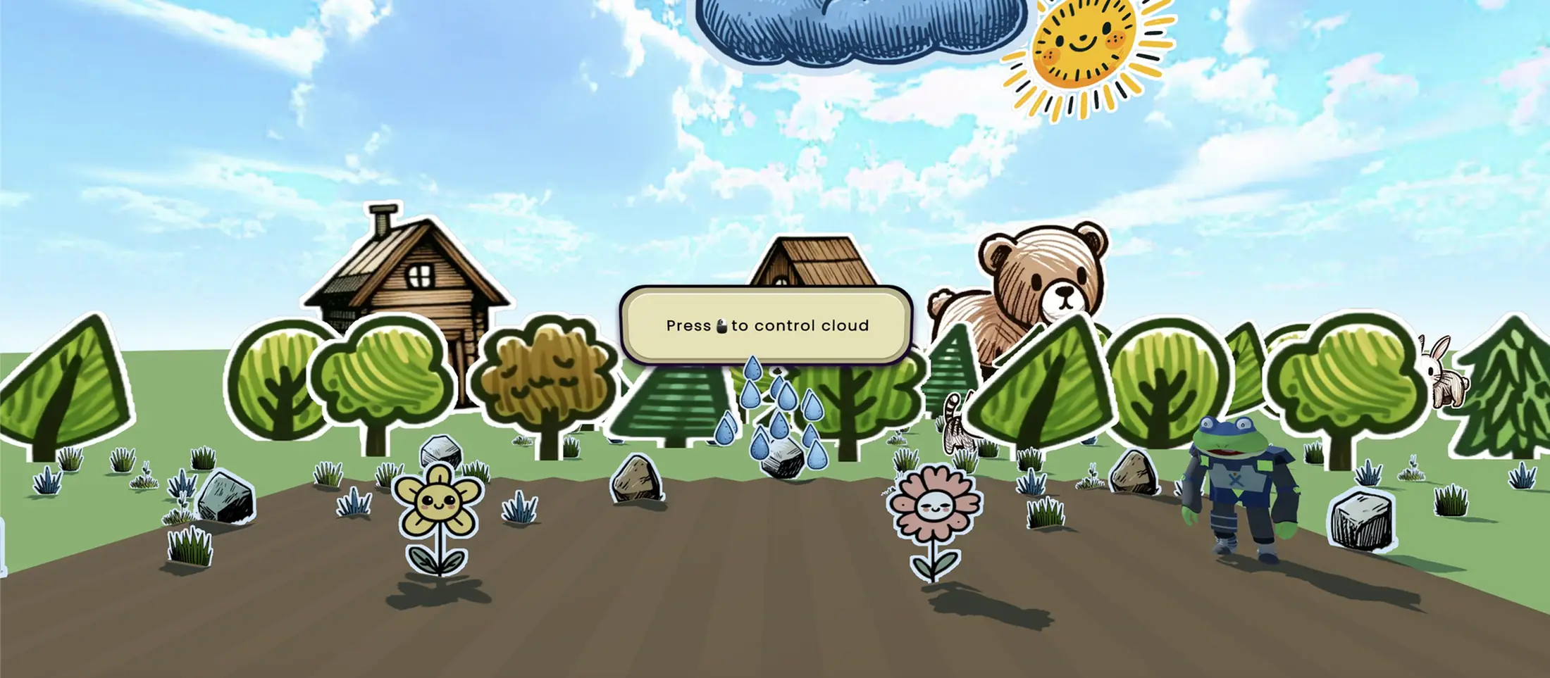 A garden with cartoon flowers, trees, and a small house under a bright sky.