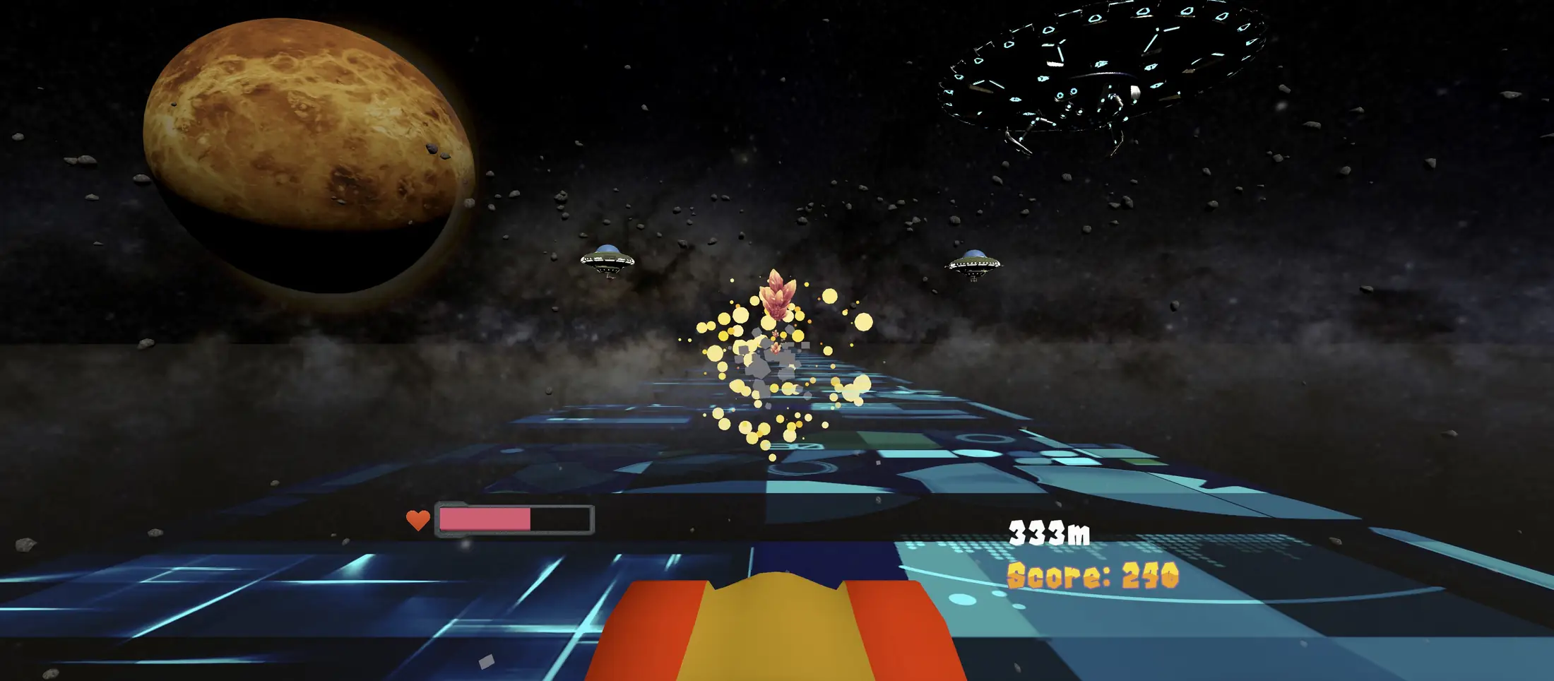 A neon running track through space, with a planet and a score display ahead.