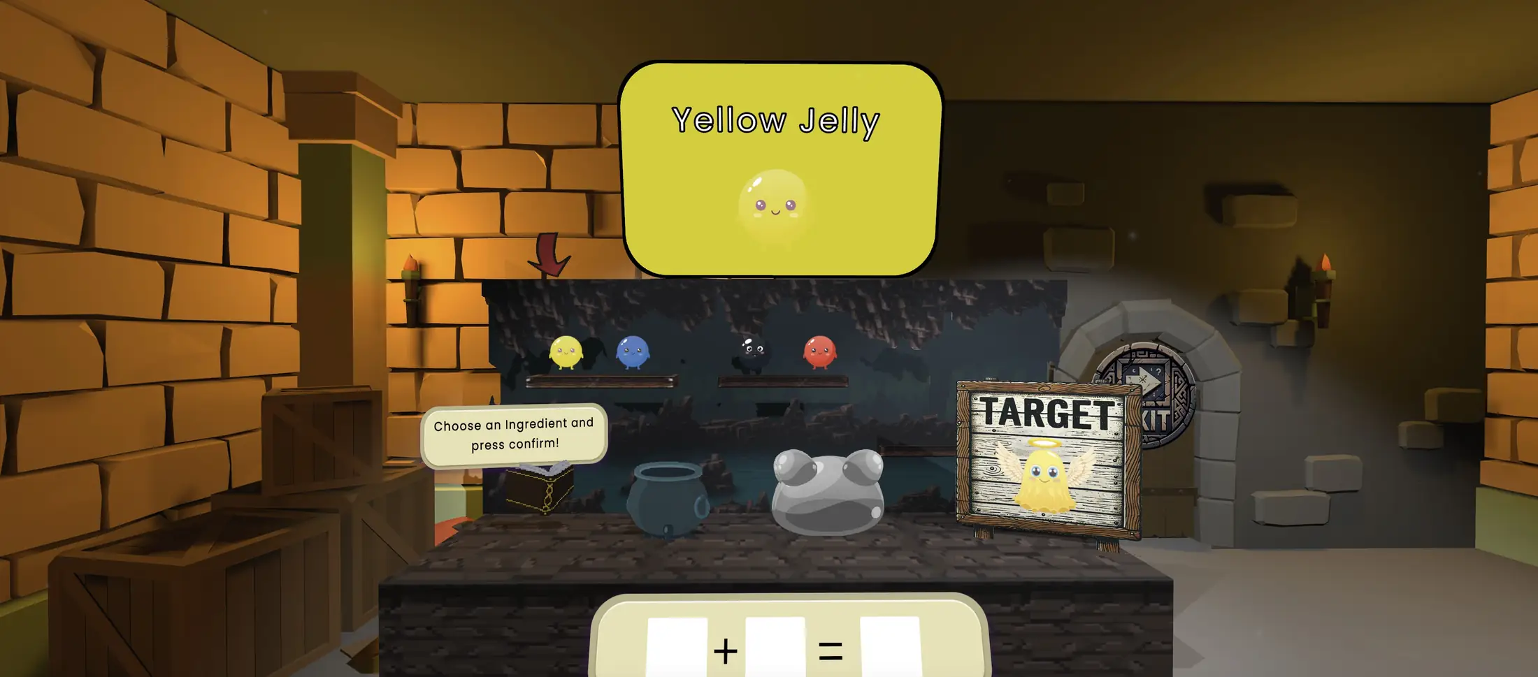A laboratory bench with jars of colored jelly and a yellow monster character.